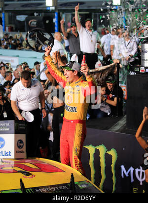 Homestead, Fla, USA. 18th Nov, 2018. Joey Logano, driver of the (22) Shell Ford, celebrates his victory of the Monster Energy NASCAR Cup Series Ford EcoBoost 400 Championship and race at the Homestead-Miami Speedway in Homestead, Fla. Mario Houben/CSM/Alamy Live News Stock Photo