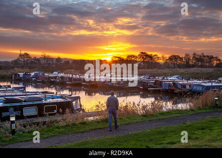 Rufford, Lancashire, UK. 19th November, 2018  UK Weather. Clear skies at the start of the day, with overnight temperatures of 5C, as dawn breaks over the Leeds Liverpool canal. Winds are now from the east with an icy blast expected. A cold morning for houseboat residents, who chose to live life afloat. St Mary's marina is home to many seasonal and long term boaters.  With moorings for 100 craft up to 60 feet in length, it can accommodate both narrow and wide beam boats and canal cruisers. Credit: MediaWorldImages/AlamyLiveNews Stock Photo