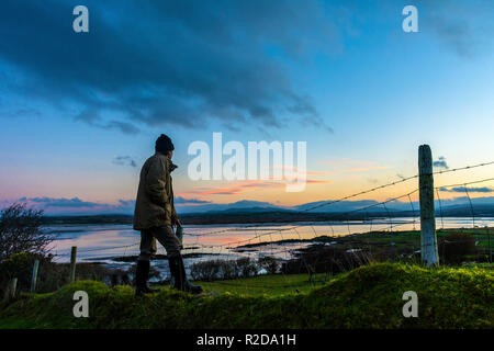 Ardara, County Donegal, Ireland 19th November 2018. A farmer looks out over fields at dawn on a clear, crisp autumn morning. Credit: Richard Wayman/Alamy Live News Stock Photo