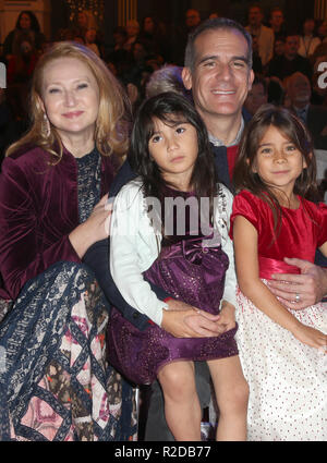 LOS ANGELES, CA - NOVEMBER 18: Los Angeles Mayor Eric Garcetti, Amy Wakeland, Maya Juanita Garcetti, at The Grove Christmas Tree Lighting Show in Los Angeles At The Grove, California on November 18, 2018. Credit: Faye Sadou/MediaPunch Stock Photo