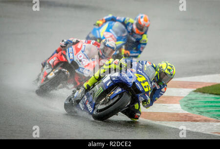 Cheste,Valencia. Spain.18th November 2018. GP Comunitat Valenciana Moto GP.Valentino Rossi of Yamaha team,Andrea Dovizioso of Ducati team and Alex Rins of suzuki ecstar team  during moto gp race in Ricardo Tormo Circuit. Credit: rosdemora/Alamy Live News Stock Photo