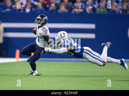 November 18, 2018: Indianapolis Colts linebacker Anthony Walker (50) makes diving attempt as Tennessee Titans wide receiver Cameron Batson (17) runs with the ball for yardage during NFL football game action between the Tennessee Titans and the Indianapolis Colts at Lucas Oil Stadium in Indianapolis, Indiana. Indianapolis defeated Tennessee 38-10. John Mersits/CSM. Stock Photo