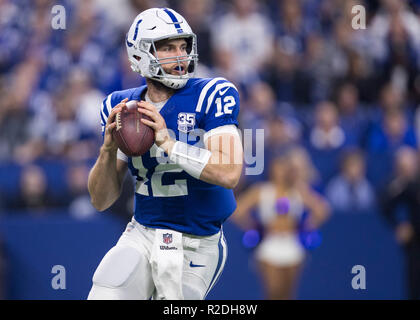 Indianapolis, Indiana, USA. 18th Nov, 2018. Indianapolis Colts quarterback Andrew Luck (12) passes the ball during NFL football game action between the Tennessee Titans and the Indianapolis Colts at Lucas Oil Stadium in Indianapolis, Indiana. Indianapolis defeated Tennessee 38-10. John Mersits/CSM/Alamy Live News Stock Photo
