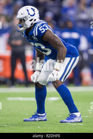 Indianapolis, Indiana, USA. 18th Nov, 2018. Indianapolis Colts linebacker Darius Leonard (53) during NFL football game action between the Tennessee Titans and the Indianapolis Colts at Lucas Oil Stadium in Indianapolis, Indiana. Indianapolis defeated Tennessee 38-10. John Mersits/CSM/Alamy Live News Stock Photo