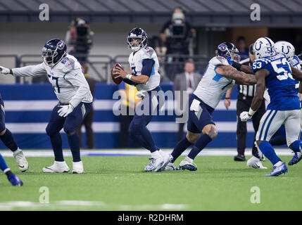 Indianapolis, Indiana, USA. 18th Nov, 2018. Tennessee Titans quarterback Marcus Mariota (8) passes the ball during NFL football game action between the Tennessee Titans and the Indianapolis Colts at Lucas Oil Stadium in Indianapolis, Indiana. Indianapolis defeated Tennessee 38-10. John Mersits/CSM/Alamy Live News Stock Photo