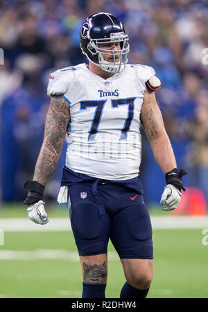 Indianapolis, Indiana, USA. 18th Nov, 2018. Tennessee Titans offensive lineman Taylor Lewan (77) during NFL football game action between the Tennessee Titans and the Indianapolis Colts at Lucas Oil Stadium in Indianapolis, Indiana. Indianapolis defeated Tennessee 38-10. John Mersits/CSM/Alamy Live News Stock Photo