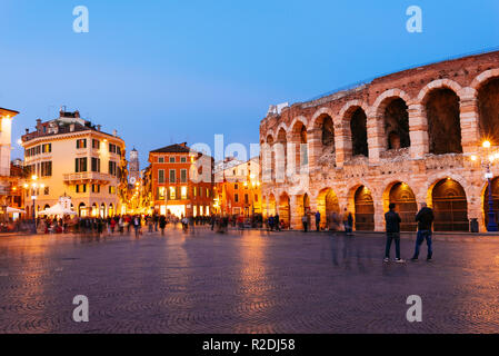 Roman amphitheatre Arena di Verona and Piazza Bra square at night. Verona, Veneto, Italy, Europe