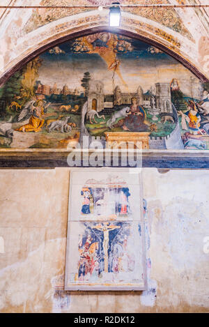 The unicorn hunting of Giovanni Maria Falconetto with symbolic motifs. Frescoes of the Chiesa di San Giorgetto o San Pietro Martire church. Interiors  Stock Photo
