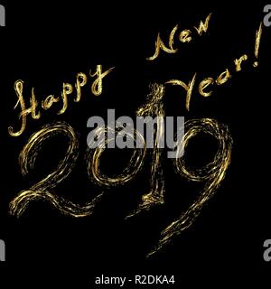 inscription of happy new year 2019 in gold on black background, brush Stock Vector