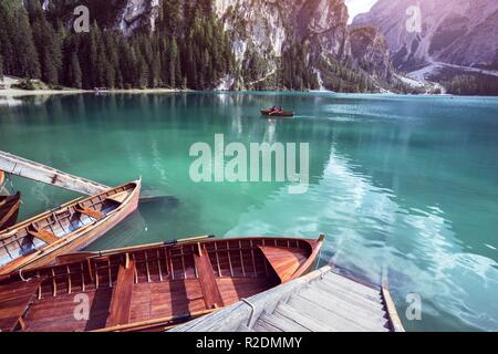 view of well-known tyrolean lake lago di Braies, Dolomites. Italy Stock Photo