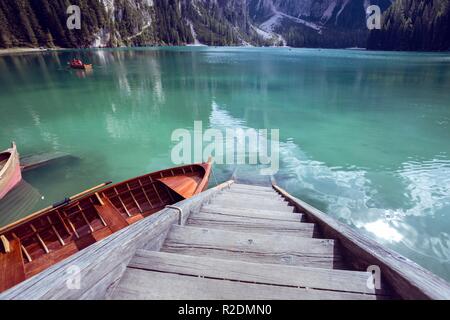 view of well-known tyrolean lake lago di Braies, Dolomites. Italy Stock Photo