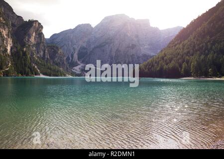 view of well-known tyrolean lake lago di Braies, Dolomites. Italy Stock Photo