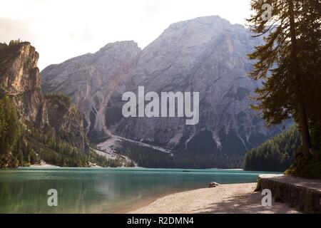 view of well-known tyrolean lake lago di Braies, Dolomites. Italy Stock Photo