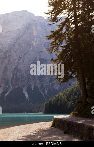 view of well-known tyrolean lake lago di Braies, Dolomites. Italy Stock Photo