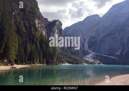 view of well-known tyrolean lake lago di Braies, Dolomites. Italy Stock Photo