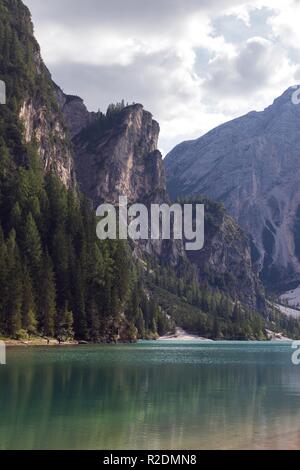 view of well-known tyrolean lake lago di Braies, Dolomites. Italy Stock Photo