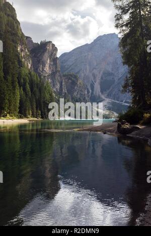 view of well-known tyrolean lake lago di Braies, Dolomites. Italy Stock Photo