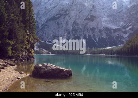 view of well-known tyrolean lake lago di Braies, Dolomites. Italy Stock Photo