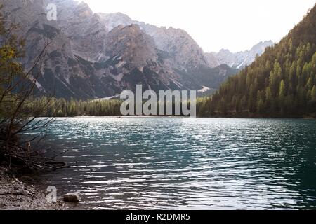 view of well-known tyrolean lake lago di Braies, Dolomites. Italy Stock Photo