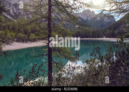 view of well-known tyrolean lake lago di Braies, Dolomites. Italy Stock Photo