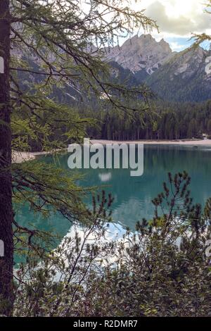 view of well-known tyrolean lake lago di Braies, Dolomites. Italy Stock Photo