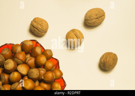 Hazelnuts and walnuts in a bowl isolated on white background Stock Photo