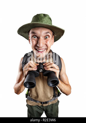Happy man with binocular and backpack isolated on white background with clipping path Stock Photo