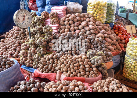 Arequipa, Peru - October 7, 2018: Potato varietals on sale in the central market, Mercado San Camilo Stock Photo