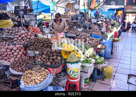 Arequipa, Peru - October 7, 2018: Potato varietals on sale in the central market, Mercado San Camilo Stock Photo