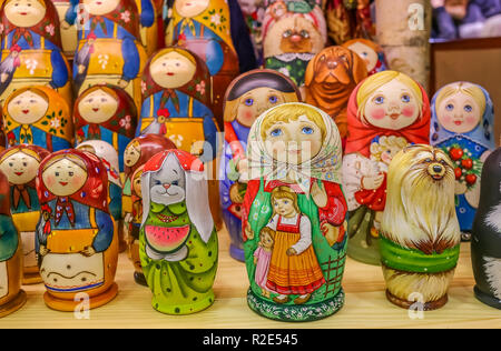 Display of colorful traditional Russian matryoshka nesting dolls in a souvenir shop in Saint Petersburg Russia Stock Photo