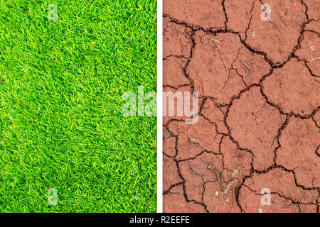 Green grass change to dry crack soil background texture. Element of design. Stock Photo