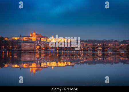 Beautiful twilight view over Charles Bridge and Prague Castle in Prague, Czech Republic, Europe Stock Photo