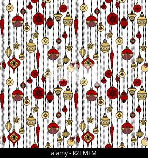 Seamless pattern with christmas toys, balls and stars. Hand drawn doodle style. Vector illustration. Isolated on white background. Perfect for wrapping paper and coloring pages Stock Vector
