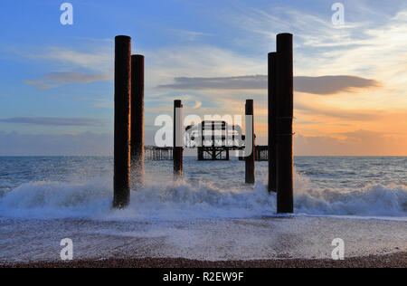 The steel skeleton of Brighton's historic West Pier in the surf. South coast of England, seaside resort Brighton and Hove, East Sussex, United Kingdom Stock Photo
