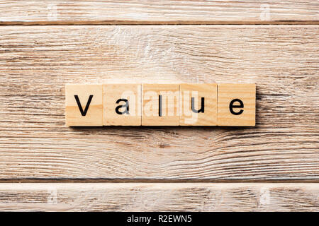 value word written on wood block. value text on table, concept. Stock Photo