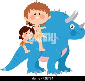 Children riding a triceratops prehistoric animal Stock Vector