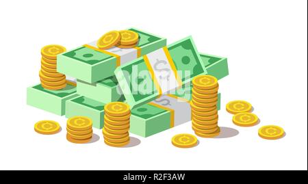 Big pile of cash money banknotes and gold coins, cents. Stock Vector