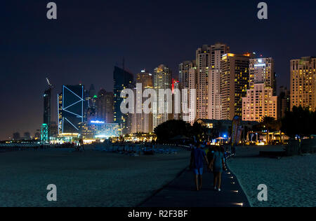 Dubai, United Arab Emirates - November 16, 2018: Night view of JBR, Jumeirah Beach Residence popular beach resort in Dubai a complex of beachfront hot Stock Photo