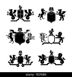 Heraldic Shield and Knight Helmet set silhouette. Fantastic Beasts. Template heraldry design element. Coat of arms of royal family. Hippocampus  and l Stock Vector