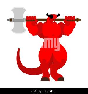 Devil with ax. Strong Angry Asmodeus. Red demon big. Horned Satan. Powerful Beelzebub lord of darkness. hard Lucifer boss hell Stock Vector