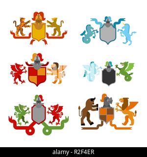 Heraldic Shield and Knight Helmet set. Fantastic Beasts. Template heraldry design element. Coat of arms of royal family. Hippocampus  and lion. Dragon Stock Vector