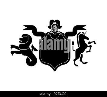 Heraldic Shield sea Lion and Unicorn and Knight Helmet. Fantastic Beasts. Template heraldry design element. Coat of arms of royal family Stock Vector