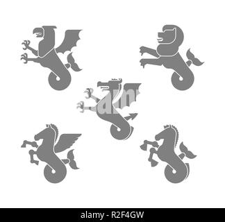 Heraldic animal set. Sea-lion, wyvern and hippocampus. Sea griffin and Sea pegasus. Fantastic Beast. Monster for coat of arms. Heraldry design element Stock Vector