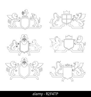 Heraldic Shield and Knight Helmet set linear style. Fantastic Beasts. Template heraldry design element. Coat of arms of royal family. Hippocampus  and Stock Vector