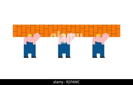 Workers build wall. Builders and brick wall Stock Vector