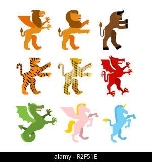 Heraldic animal set. Griffin, lion and minotaur. Teague, leopard and dragon. Unicorn and Pegasus. wyvern. Fantastic Beast. Monster for coat of arms. H Stock Vector