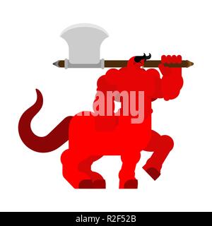 Devil centaur with ax. Strong Angry Asmodeus. Militant demon big. Horned Satan. Powerful Beelzebub lord of darkness. hard Lucifer boss hell Stock Vector