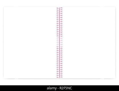 Open blank wire bound notebook with pink spiral, vector mock up. Empty letter format notepad spread isolated on white, template Stock Vector