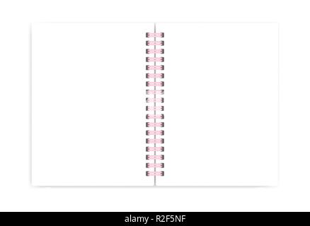 Open blank wire bound notebook with pink spiral, vector mockup. Empty notepad spread isolated on white background, template Stock Vector