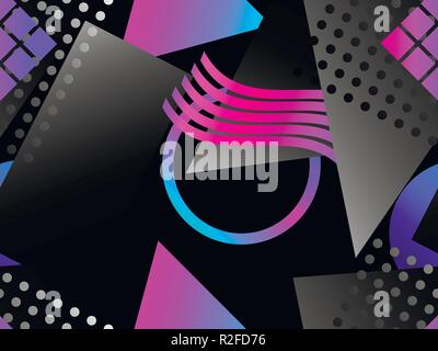 Memphis seamless pattern. Asymmetrical geometric objects gradient in the style 1980s. Vector illustration Stock Vector